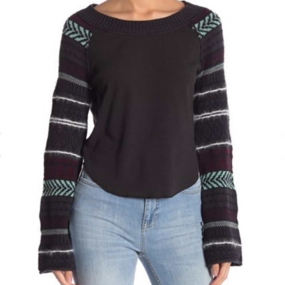 Free People Striped Statement Sleeves Scoop Neck Sweater Black Womens Large